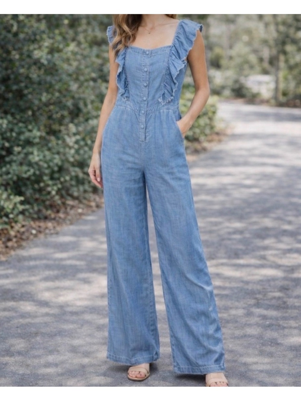CURRENT AIR Flowy Jumpsuit w/ Flutter Sleeve, Wide Legs & Pockets MED